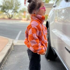 Pink & Orange checkerboard fleece zip up